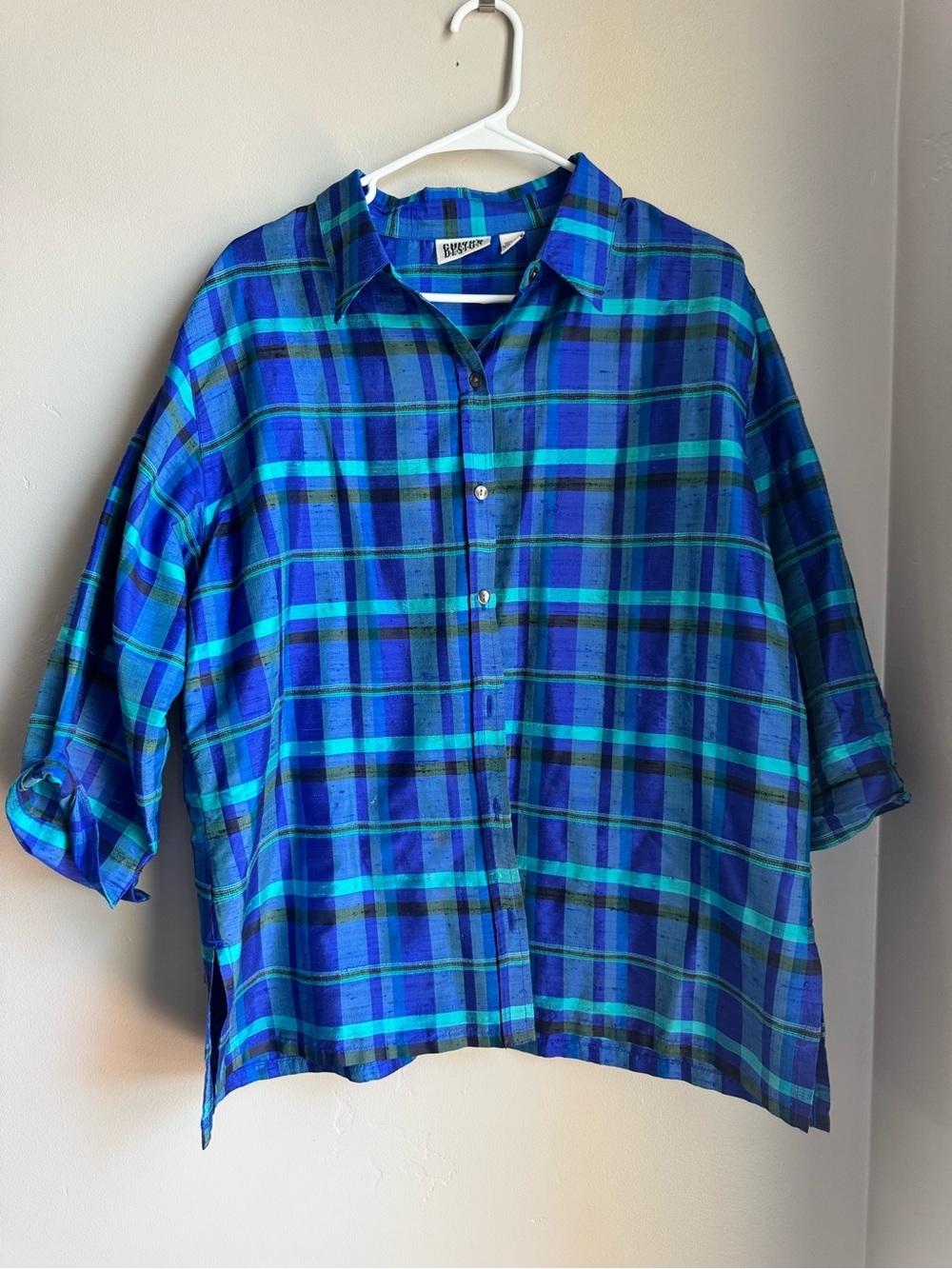 Vintage Chico’s Design 100% Silk Plaid Button Up Oversized Art Teacher Top